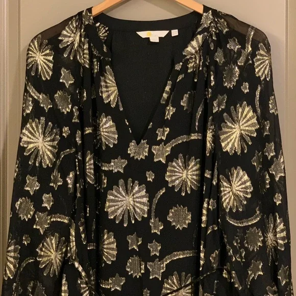 NEW Boden Firework Jacquard Party Black Gold Metallic Sheer Tiered Dress Size 14 - Picture 8 of 13